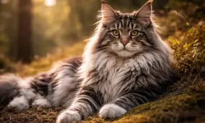 Majestatyczny kot rasy Maine Coon, z bujną grzywą i pręgowanym futrem, odpoczywa w jesiennym lesie.