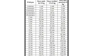 Tabela porównuje wiek psa w latach i miesiącach do wieku ludzkiego, zależnie od rasy. 4 lata psa to 36 lat dla małych ras, 40 lat dla średnich i 41 lat dla dużych.