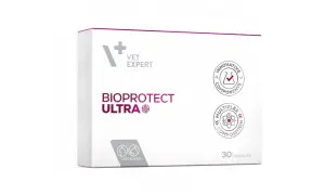Opakowanie Bioprotect Ultra, suplementu dla kotów i psów, z hasłem "Vet Expert" i informacją o 30 kapsułkach.