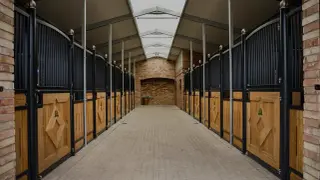 Nowoczesne boksy dla koni z drewnianymi drzwiczkami i metalowymi kratami. Idealne miejsce do stworzenia komfortowego boksu dla konia.