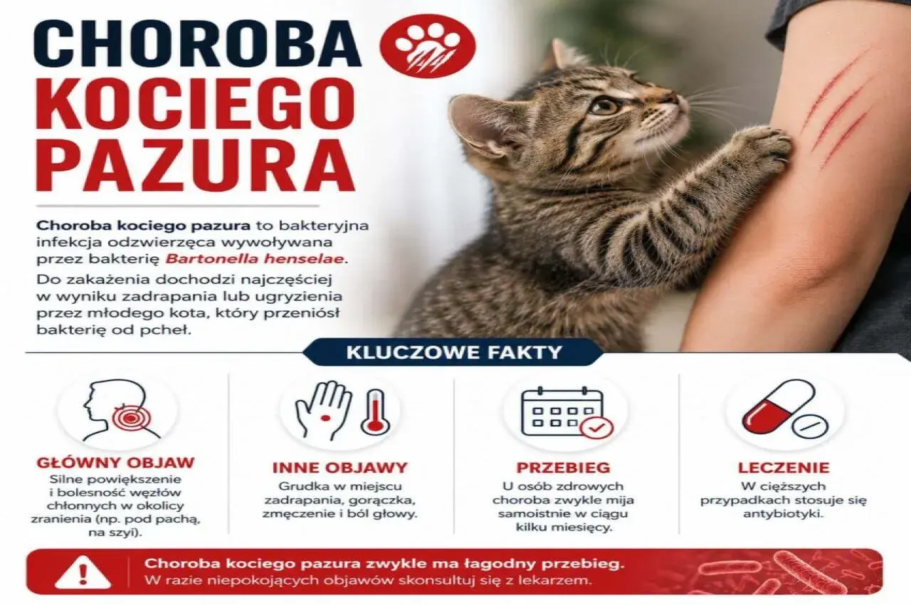 Kot zadrapuje rękę, wywołując chorobę kociego pazura. Infekcja bakteryjna, objawy, przebieg i leczenie.