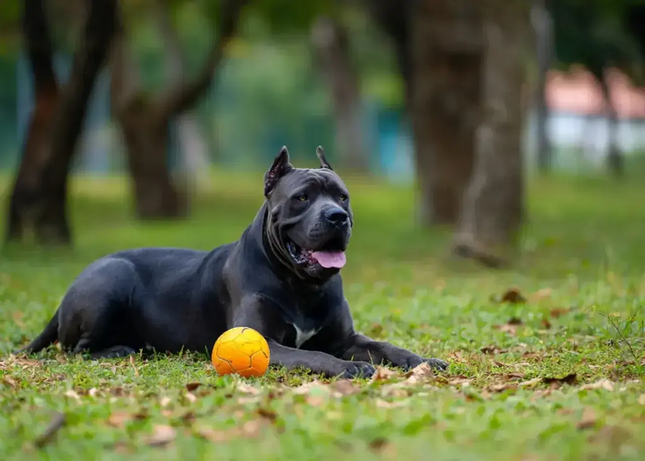 Potężny pies rasy cane corso leży na trawie obok pomarańczowej piłki. Jego waga jest imponująca, świadczy o sile i zdrowiu.