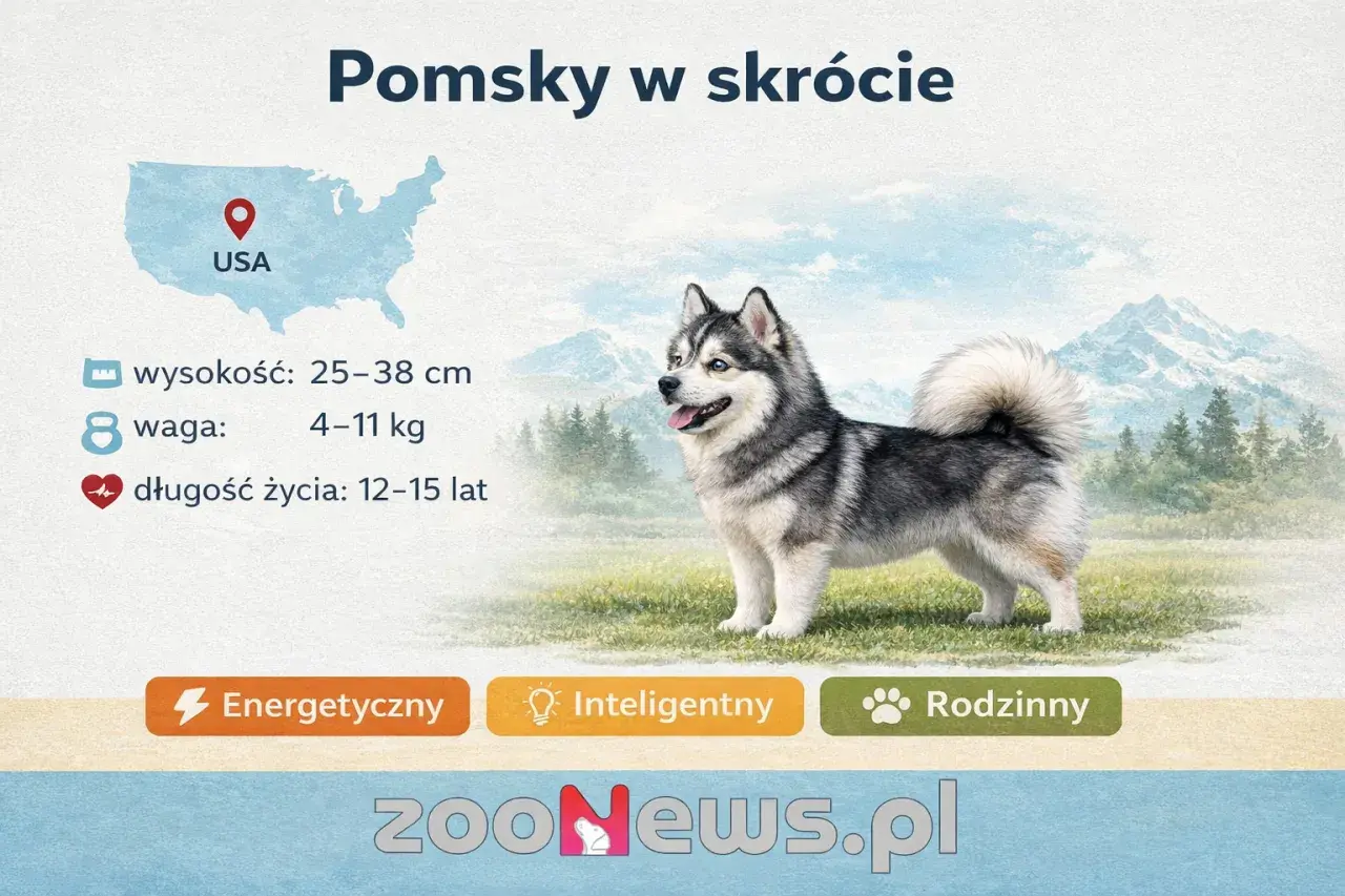 Uroczy pomsky, piesek z USA, z informacjami o jego wzroście, wadze i długości życia. Jest energetyczny, inteligentny i rodzinny.
