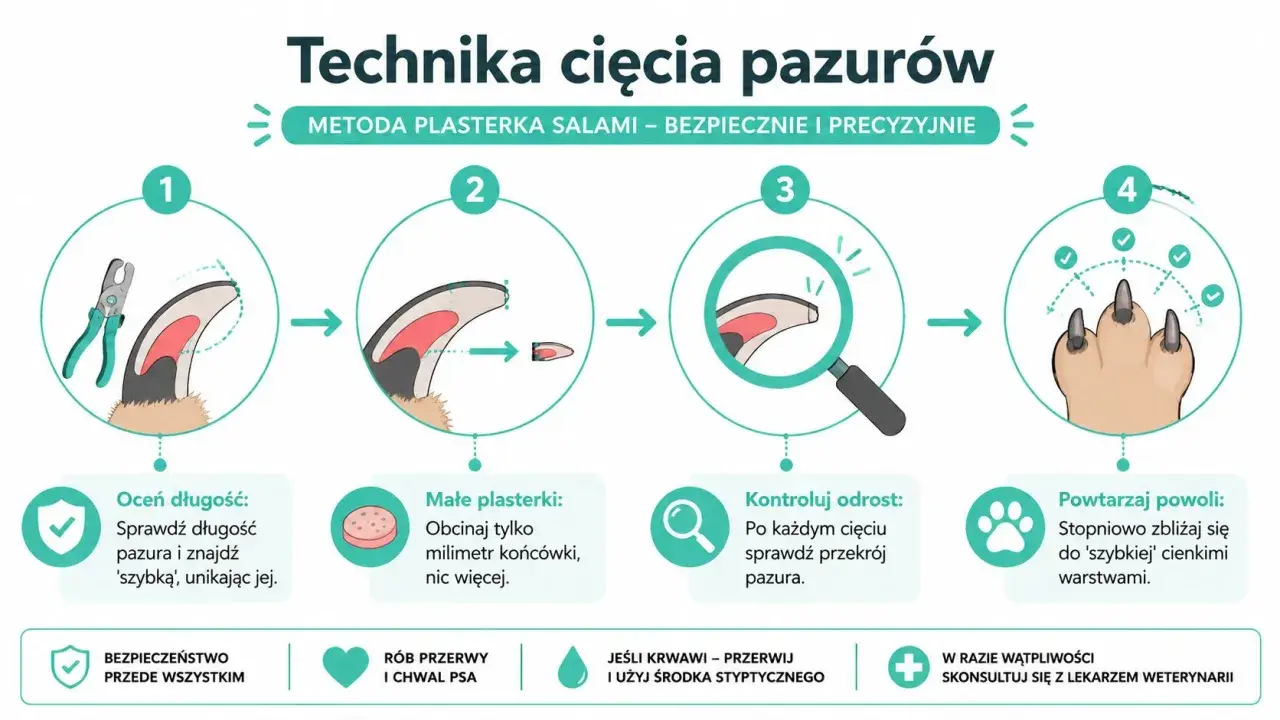 Ilustracja pokazuje technikę obcinania paznokci u psa. Krok po kroku, jak bezpiecznie przycinać pazury, unikając "szybki".