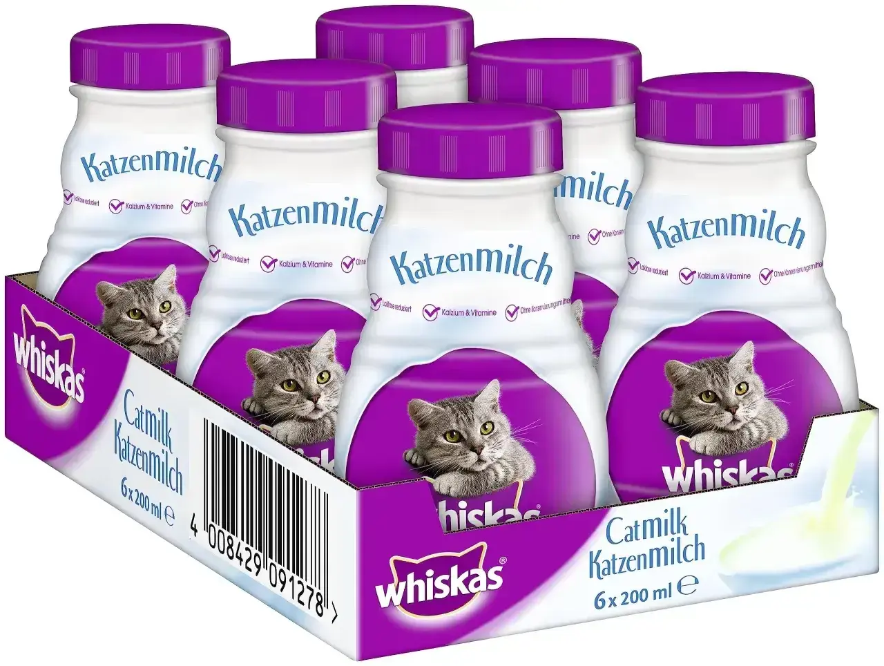 Pudełko mleka dla kotów Whiskas Katzenmilch. Czy kot może pić mleko bez laktozy? Tak, to mleko jest specjalnie przygotowane dla kotów, zredukowana laktoza.