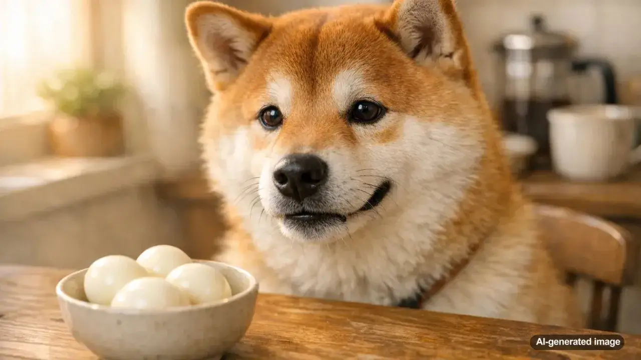 Shiba Inu patrzy na miseczkę z jajkami. Czy pies może jeść surowe jajko? To pytanie nurtuje wielu właścicieli czworonogów.