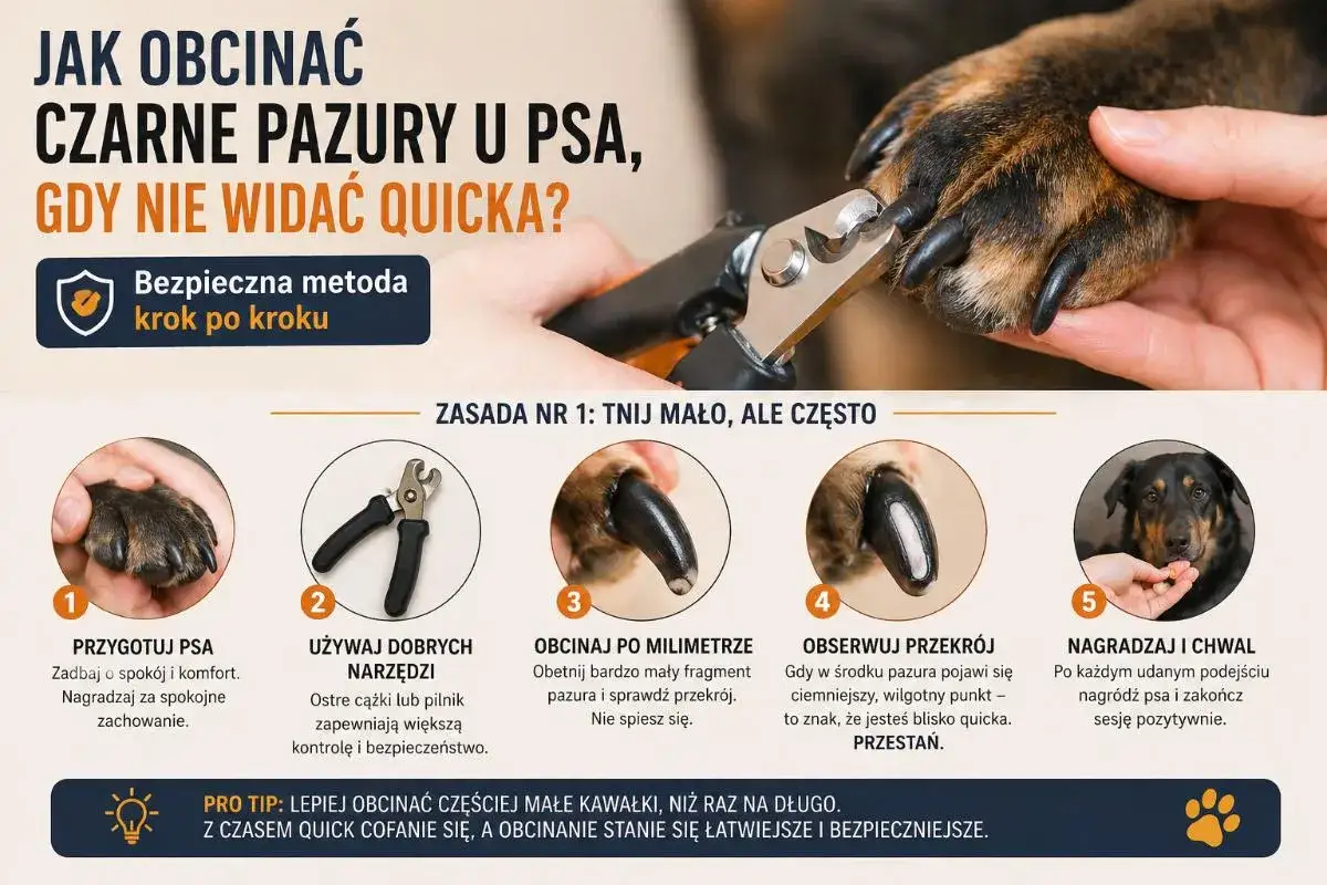 Instrukcja obcinania czarnych pazurów u psa, gdy nie widać quicka. Pokazuje jak przygotować psa, używać narzędzi i obcinać pazury krok po kroku.