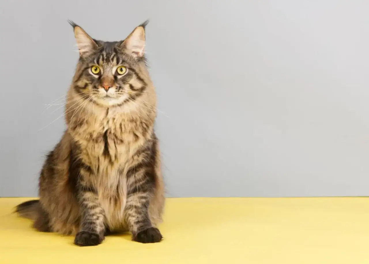 Majkun, majestatyczny kot rasy Maine Coon, siedzi na żółtym tle, z szarym tłem za nim.
