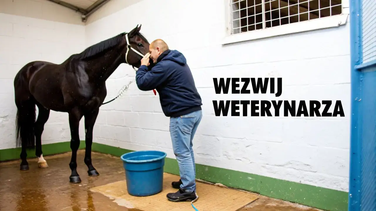 Mężczyzna w jeansach i granatowej bluzie delikatnie dotyka pyska ciemnego konia. Obok stoi niebieskie wiadro, a na ścianie napis