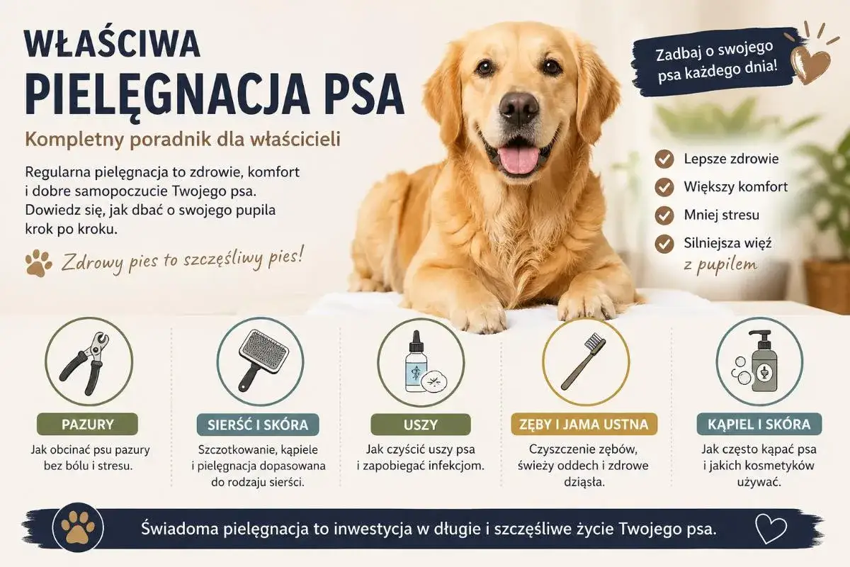 Poradnik o właściwej pielęgnacji psa, w tym jak obcinać pazury, dbać o sierść, uszy, zęby i skórę. Zdrowy pies to szczęśliwy pies!