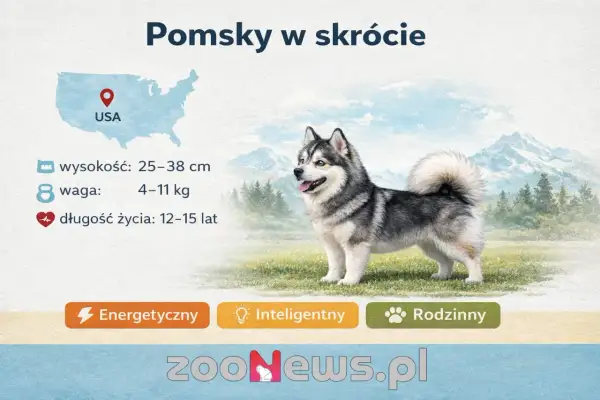 Uroczy pomsky, piesek z USA, z informacjami o jego wzroście, wadze i długości życia. Jest energetyczny, inteligentny i rodzinny.