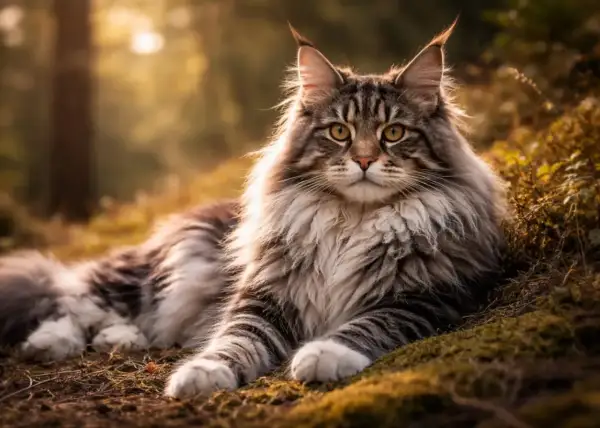 Majestatyczny kot rasy Maine Coon, z bujną grzywą i pręgowanym futrem, odpoczywa w jesiennym lesie.