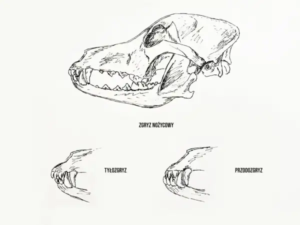 Ilustracje czaszek psów pokazują zgryz nożycowy, tyłozgryz i przodozgryz.