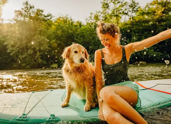 Radosne wakacje z psem na desce SUP. Dziewczyna i jej złoty retriever chlapią się wodą na tle zielonych drzew i słonecznej rzeki.