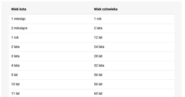Tabela porównująca wiek kota i człowieka. 12 lat kota to 60 lat ludzkich, co pokazuje, jak szybko koty dojrzewają.