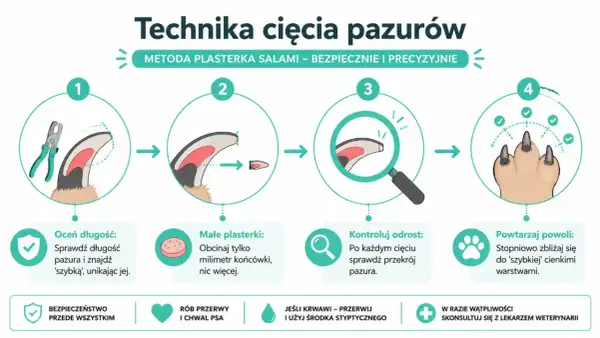 Ilustracja pokazuje technikę obcinania paznokci u psa. Krok po kroku, jak bezpiecznie przycinać pazury, unikając "szybki".