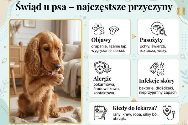 Pies się drapie, liże łapę i wygryza sierść. To objawy świądu, który może być spowodowany pasożytami, alergiami lub infekcjami skóry.