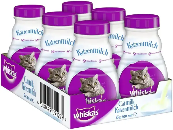 Pudełko mleka dla kotów Whiskas Katzenmilch. Czy kot może pić mleko bez laktozy? Tak, to mleko jest specjalnie przygotowane dla kotów, zredukowana laktoza.