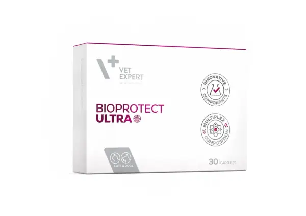Opakowanie Bioprotect Ultra, suplementu dla kotów i psów, z hasłem "Vet Expert" i informacją o 30 kapsułkach.